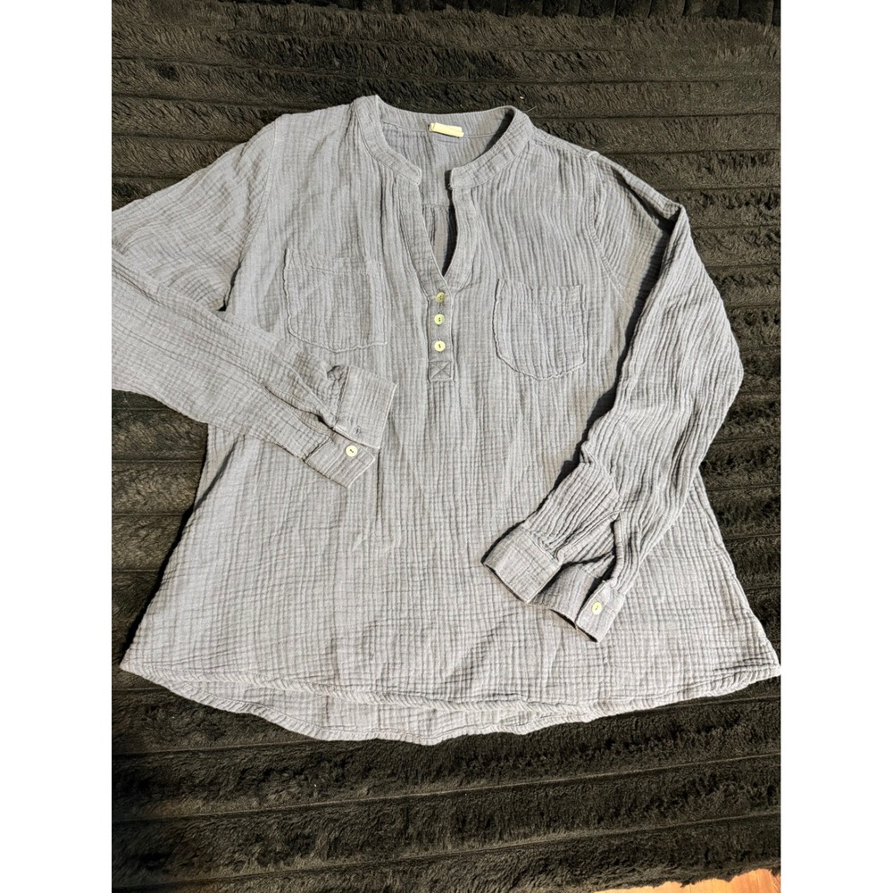 Mote Blue Grey Cotton Gauze Henley Blouse Long Sleeve Button Top XL